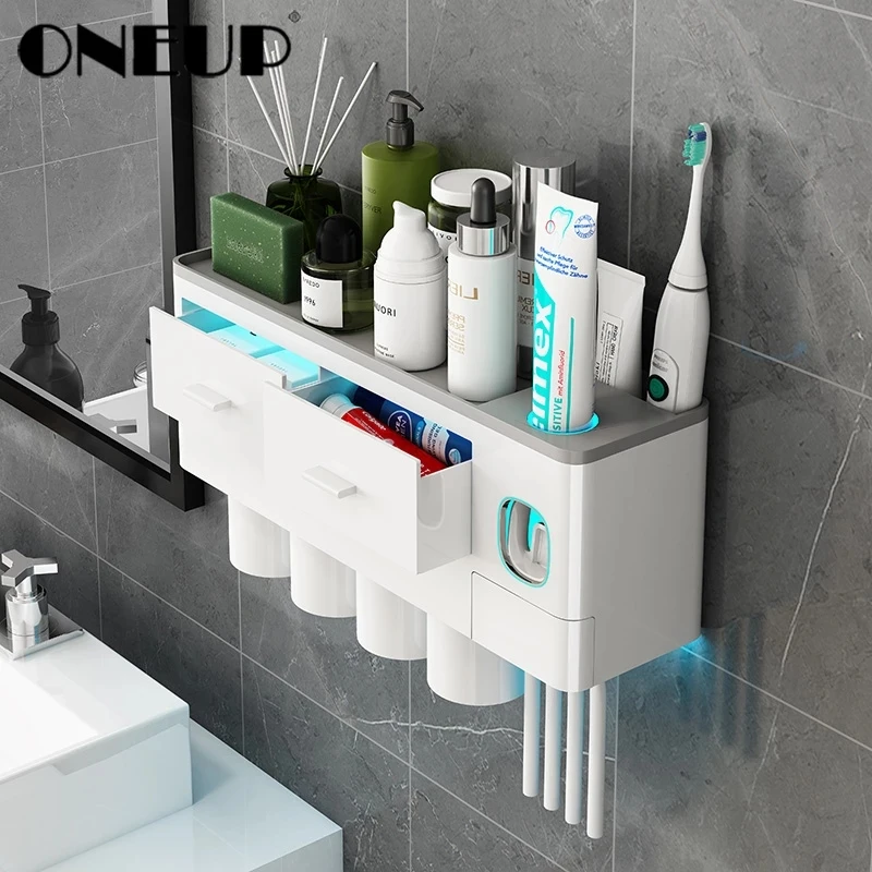 ONEUP New Toothbrush Holder Automatic Toothpaste Dispenser With Cup Wall Mount Toiletries Storage Rack Bathroom Accessories Set