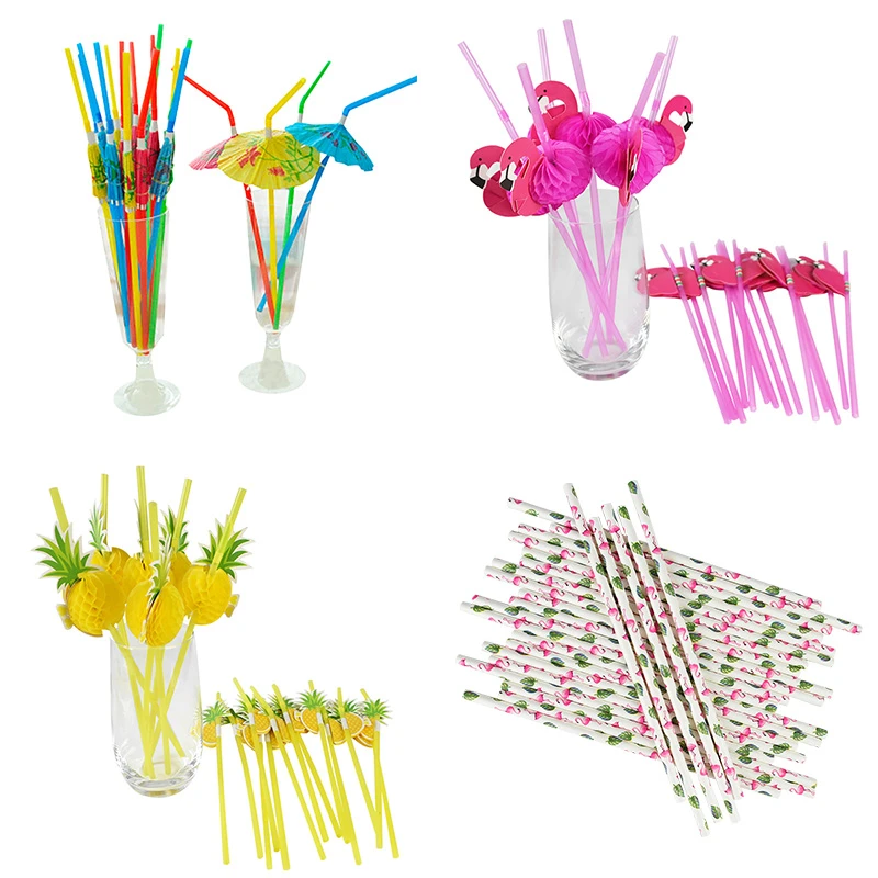 25/50Pcs Hawaii Tropical Umbrella Flamingo Pineapple Mix color Disposable Straws Cocktail Juice Supplies Hawaii Party Decor