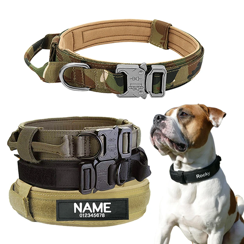 Military Tactical Dog Collar With Dog Tag Nylon Adjustable Large Dog Collar with Handle Training Running Customized Pet Collar