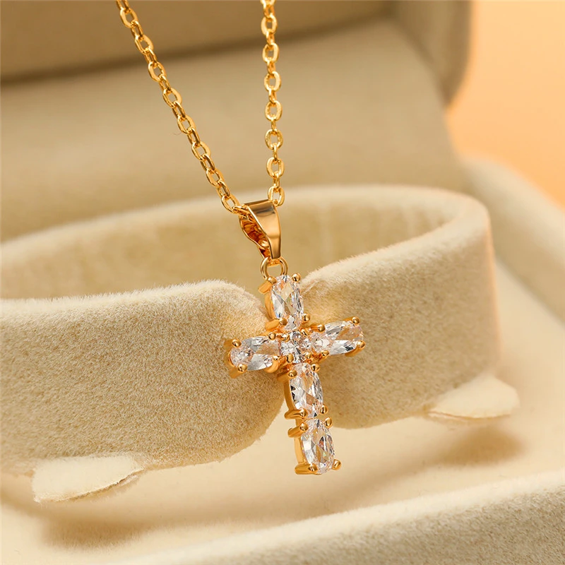 Trendy Female White Crystal Pendant Necklace Charm Rose Gold Chain Necklaces For Women Cute Bridal Cross Wedding Necklace