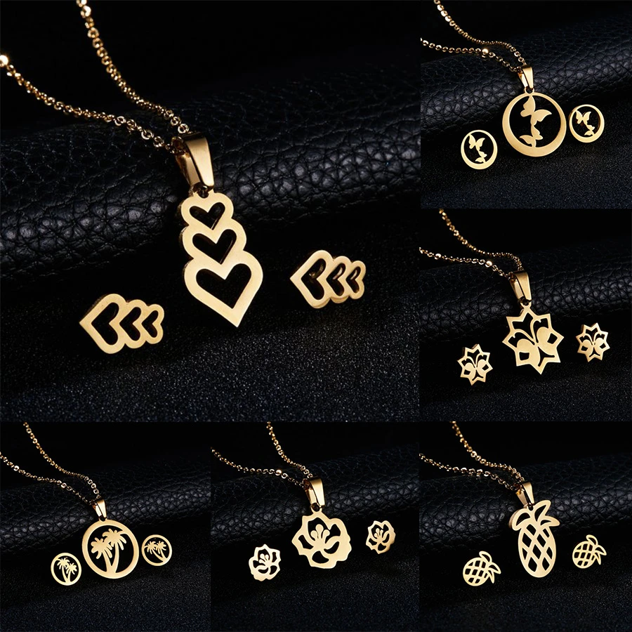 RINHOO Flower Gold Color Stainless Steel Sets For Women Smile Face Butterfly Fish Bone Necklace Earring Set Wedding Jewelry
