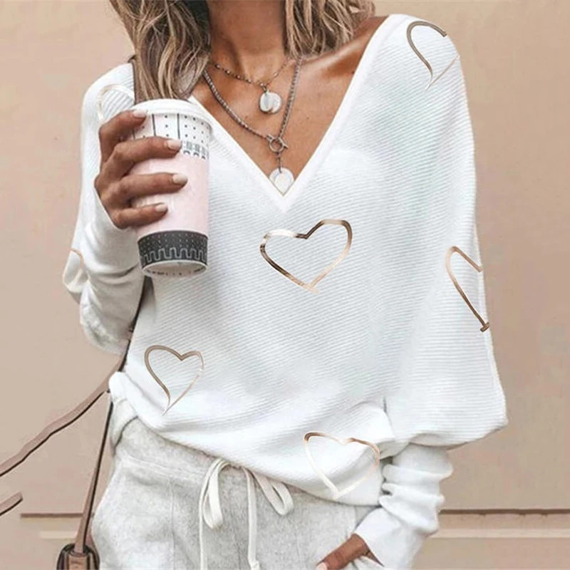 Spring Autumn Slim Women Heart Printing Tops Blusa Casual V Neck Loose Pullover Blouse Femme Full Sleeve Outdoor Shirt Clothing