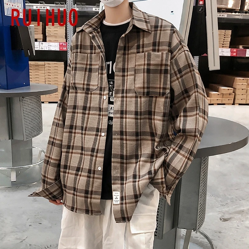 RUIHUO Plaid Men Shirts For Men Clothing Korean Style Men Shirt Long Sleeve Plaid Shirt Korean Clothes 5XL 2021 Spring