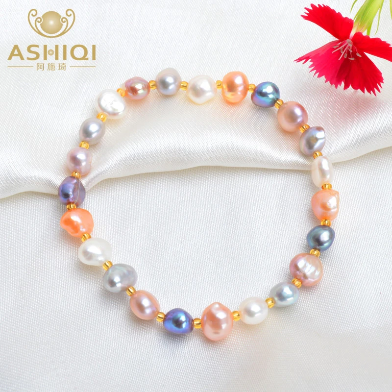 ASHIQI Real Natural Freshwater Baroque Pearl Bracelets & Bangles For Women Crystal Beads Jewelry Gift