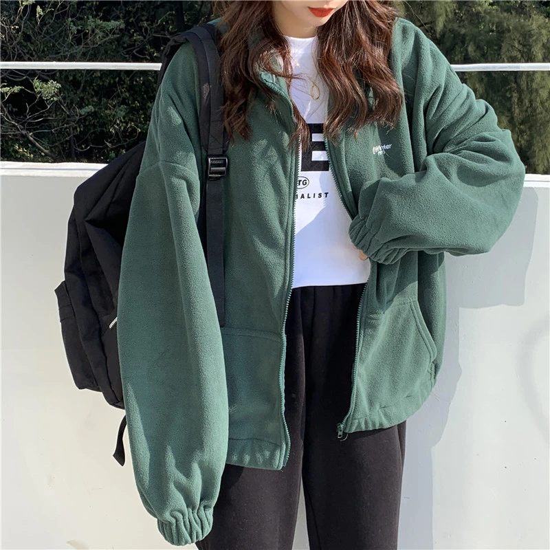 Harajuku Women Zip-up Hoodies Plus Velvet Fleece Warm Winter Sweatshirts Jacket Casual Loose Stand Collar Oversized Hoodie 2020