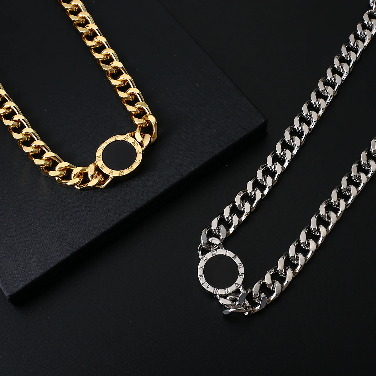 Flashbuy Trendy Roman Numerals Black Round Necklace Women Men Gold Silver Color Thick Chain Statement Necklaces Collares Jewelry