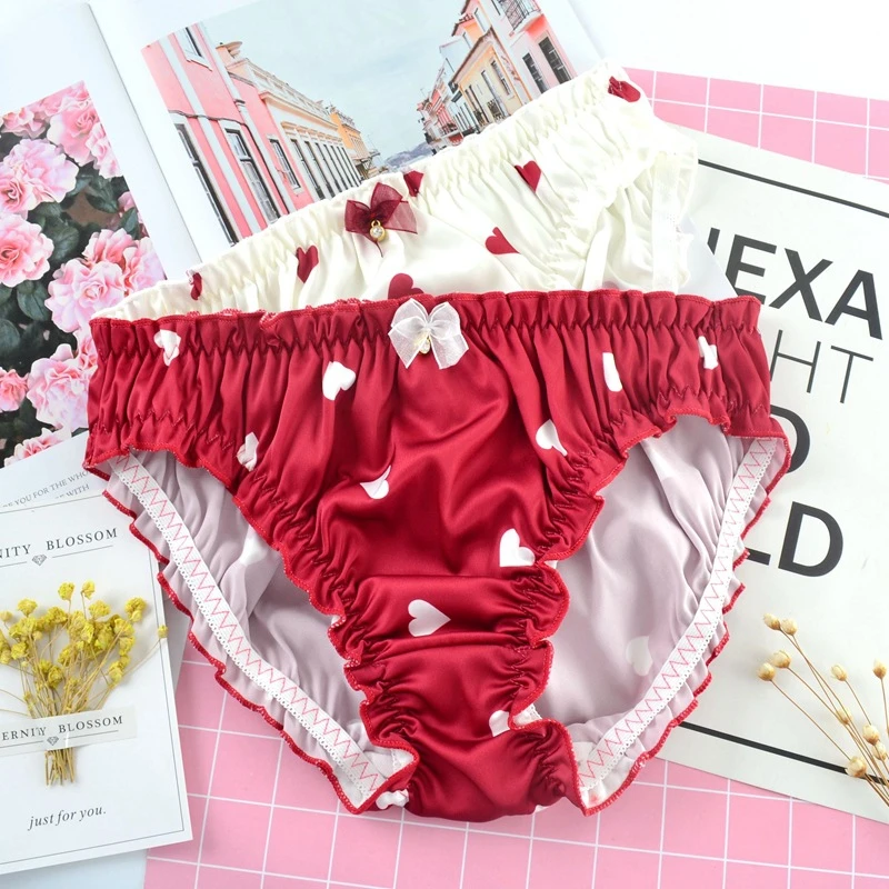 Women Panties Lace Sexy Lingerie Female Casual Underpants Satin Gril Briefs Ladies Heart Pattern Kwaii Underwear Intimates