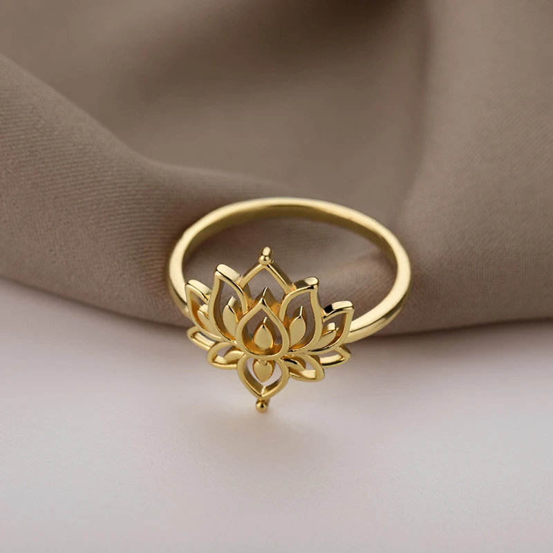 Vintage Lotus Flower Rings For Women Gold Sliver Color Moon Sun Opal Ring Couple Wedding Stainless Steel Ring Femme Jewelry Gift