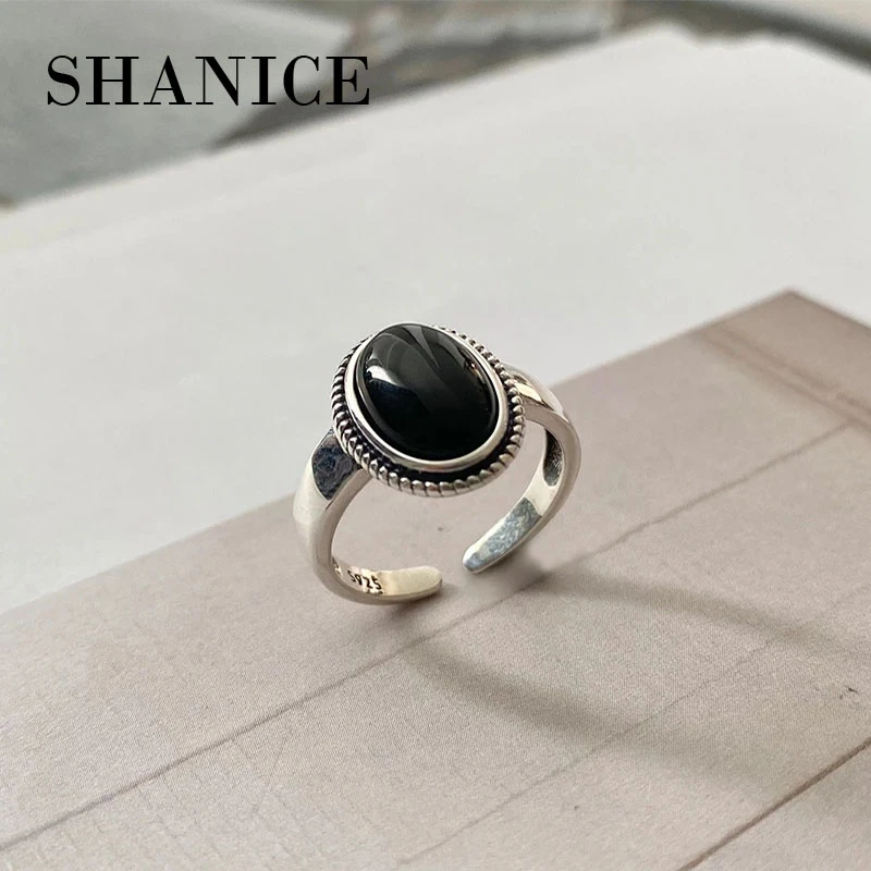 Shanice Black Onyx Rings For Women Real 925 Sterling Silver Fine Jewelry Open Ring Vintage 100% Natural Stone Mother's Gift