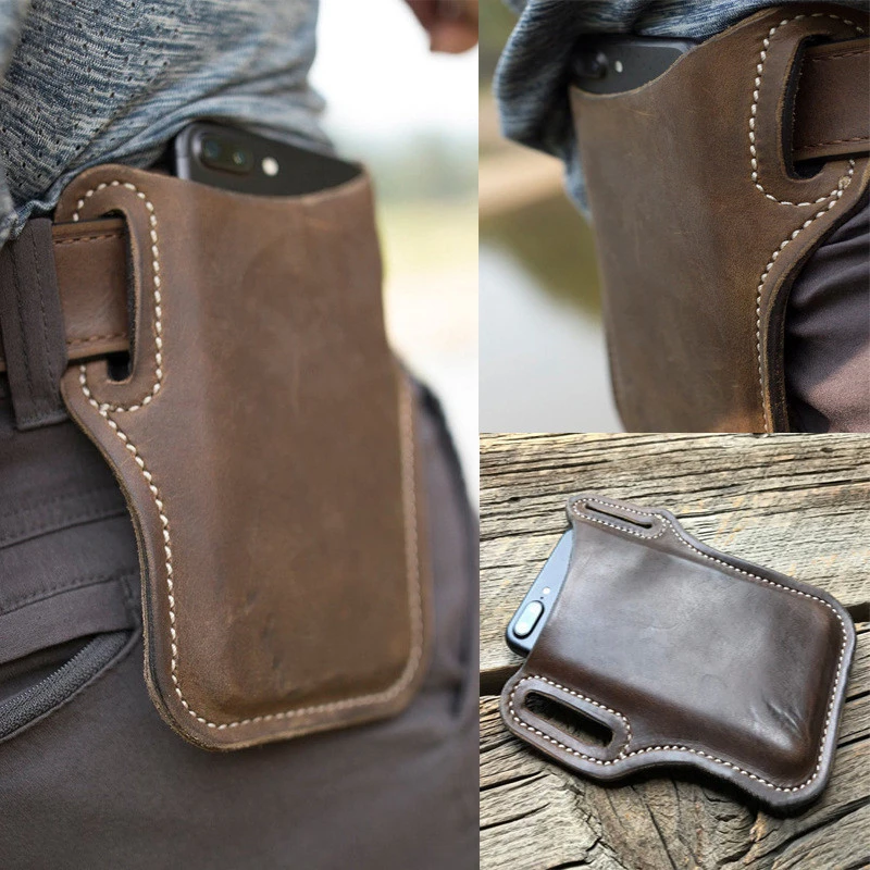 Vintage Leather Waist Bag Cellphone Loop Holster Mens Belt Bag Phone Pouch Wallet  Phone Case for IPhone Samsung Huawei General