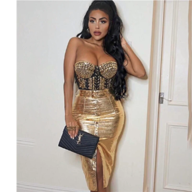 Top Quality Strapless Gold Leather Knee Length Sexy Fashion Dress Cocktail Party Bodycon Dress
