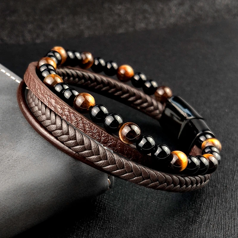 4Pcs/ Set Braided Wrap Leather Bracelets for Men VintageTiger eyes stone Charm stainless steel men Beads Ethnic Tribal Wristband