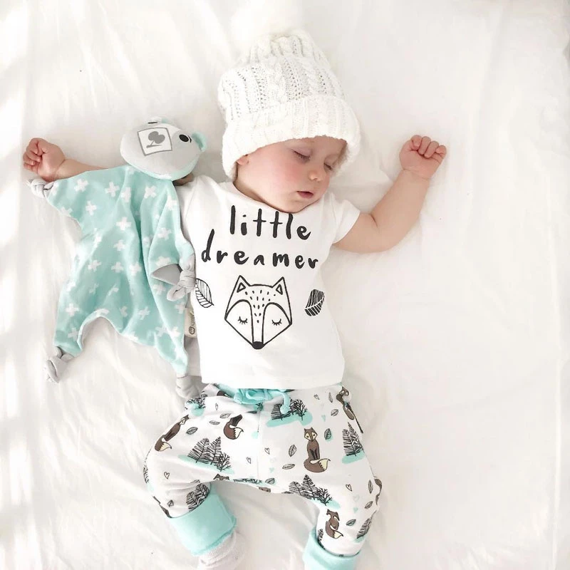 0-2Y Summer Baby Boy Clothes Set Newborn Little Dreamer Animal T-shirt Girl Tops+Pants Outfits Clothes Baby Clothing Set