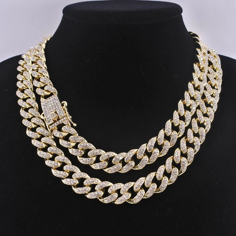 Heavy men's hip hop miami cuban link chain iced out bling rapper curb rhinestone golden necklace 13mm punk dancer gift jewelry