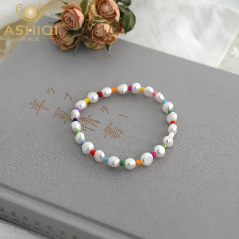 ASHIQI Natural freshwater pearl bracelet handmade candy color elastic charm bracelet girl