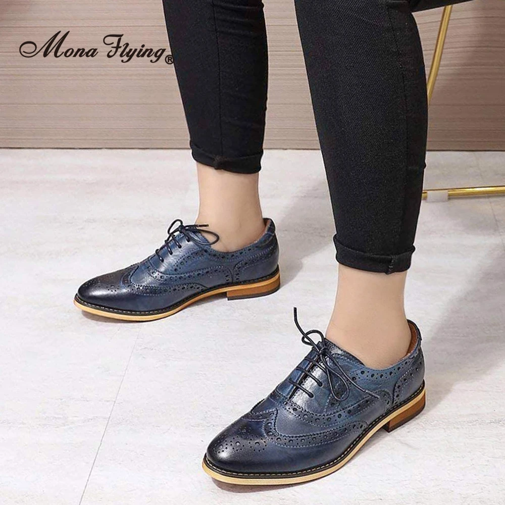 Mona Flying Women Genuine Leather Oxfords Shoes Hand-made Leisure Lace-up Brogues Wingtips Shoes for Ladies New Arrival B098-8