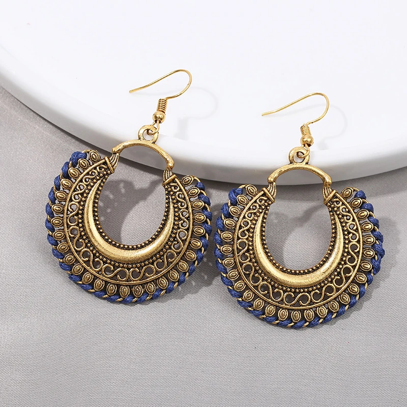 Ethnic Gold Alloy Dangle Earrings For Women Handmade Gypsy Vintage Blue Line Moon Carved Earrings Indian Earrings