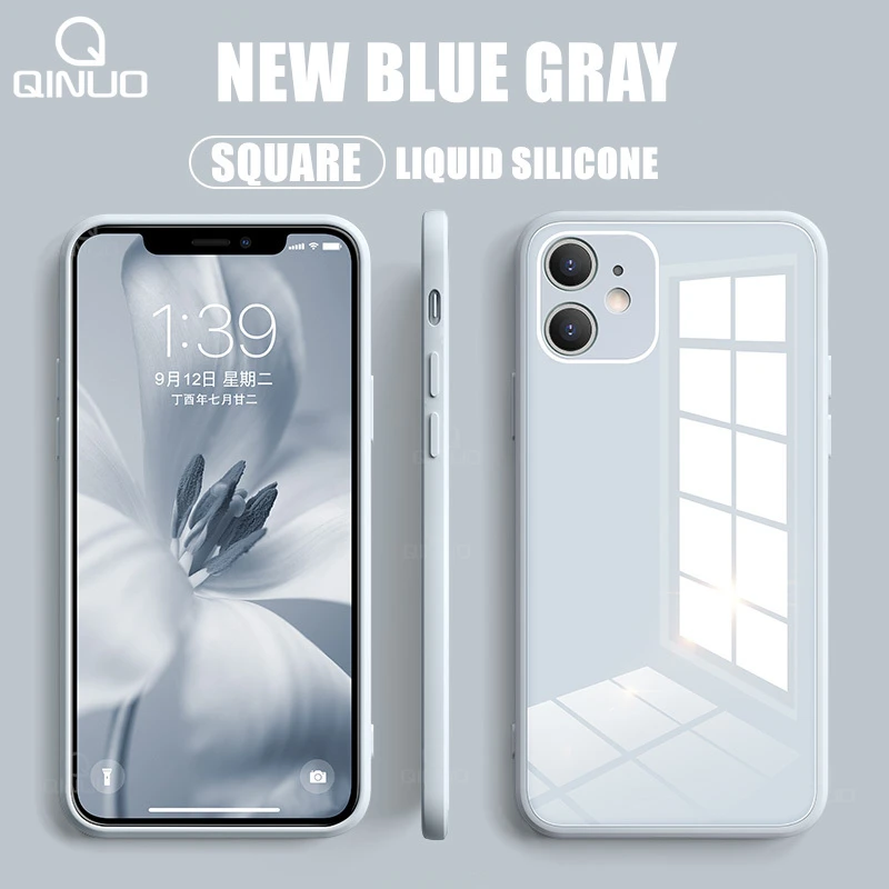 Square Liquid Silicone Glass Phone Case for iPhone 12 11 Pro Max SE 2020 X XR XS Max 8 7 Plus Luxury Tempered Glass Full Cover