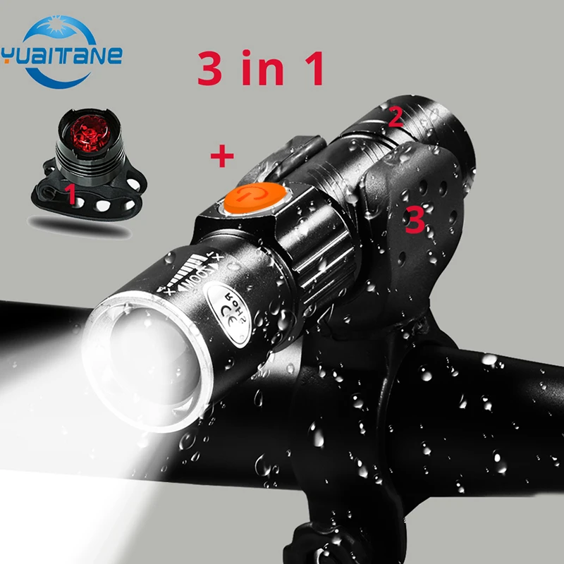 3 in1 8000 Lumen Bike Bicycle Light Set USB rechargeable LED Waterproof Super Bright Zoom Headlight Rear light  MTB Bike Light