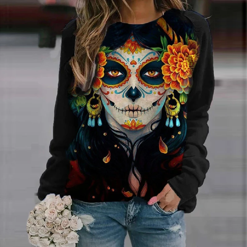 Black Color Skull Print Pullover Shirt Women 2021 Spring Abstract Full Sleeve Loose Thin Sweatshirts Casual Round Neck Tops