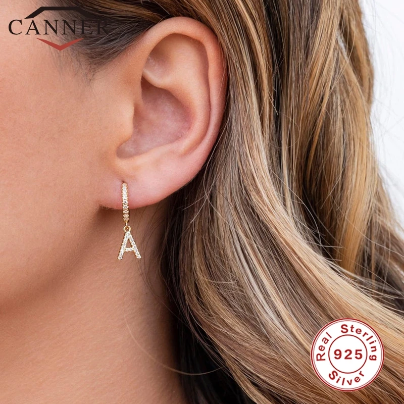 1 pcs European and American Fashion 925 Sterling Silver 26 English Alphabet Zircon Small Hoop Earrings for Women Gold Earrings