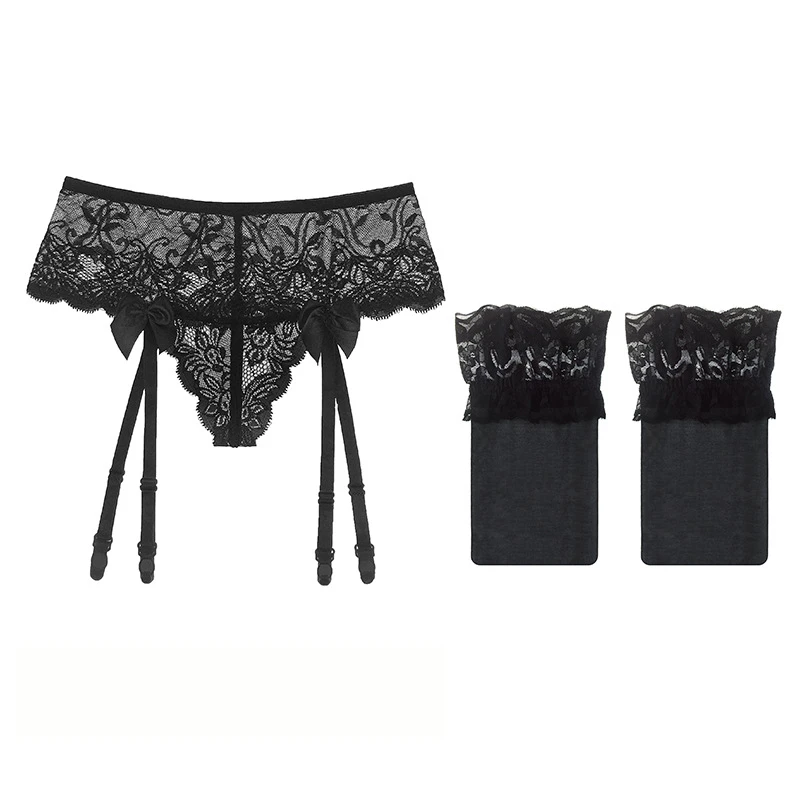 Linbaiway Summer Stockings+Suspender Garter Set for Women Sexy Lace Panties Bowknots Garter Belt Female Briefs Underwear