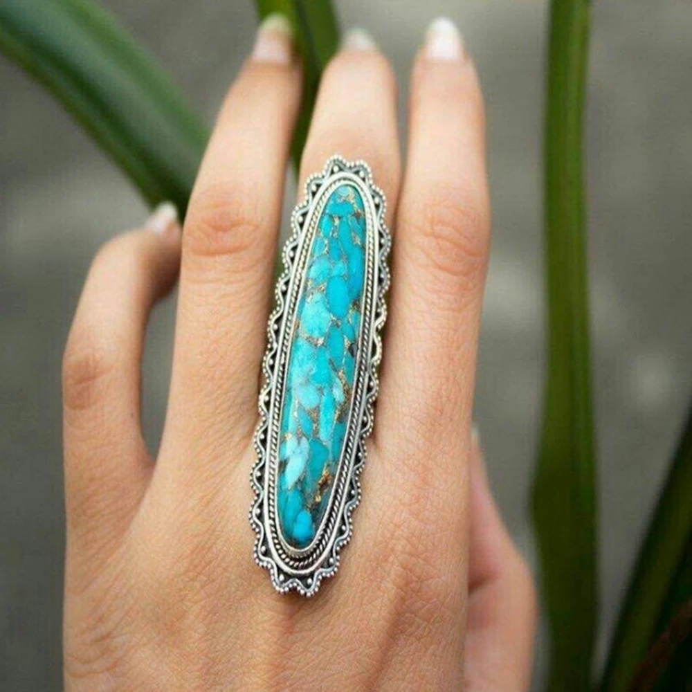 Calaite Green Stone Ring Vintage Exaggerate Ring Long Shape Cute Finger Accessories Cocktail Party Jewelry Birthday Gifts