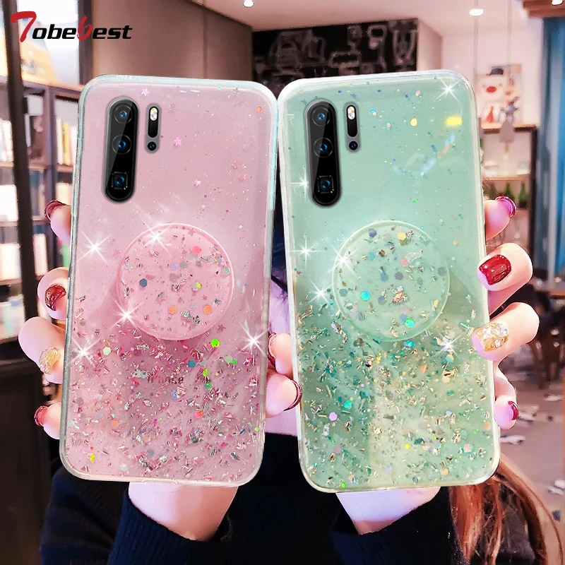 Bling Glitter Silver Foil Phone holder Case For Huawei P40 P30 P20 Pro P10 P9 P8 Lite 2017 Transparent Soft Silicone Stand Cover