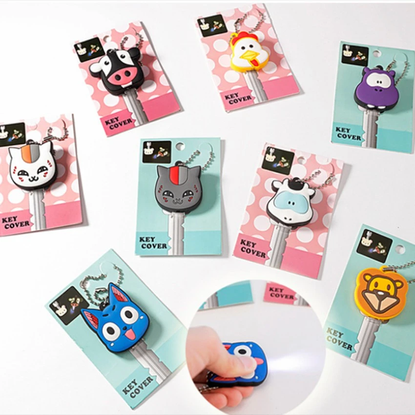 LED Light PVC Silicone Key Ring Cap Head Cover Keychain Case Shell Animals Shape  Key Control Dust Cover Holder Key Chain Pendan