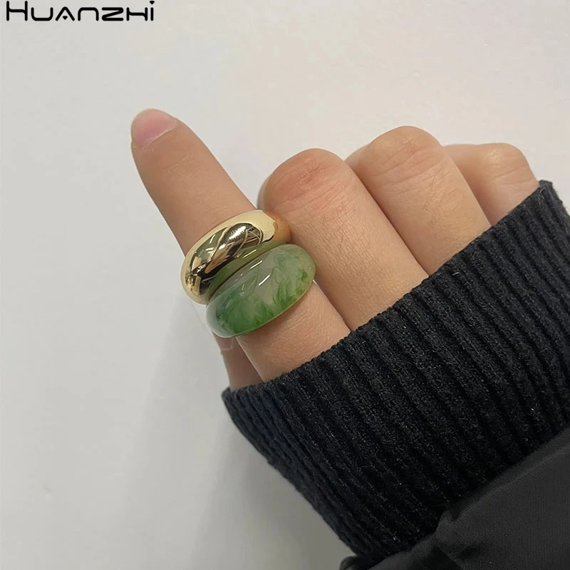 HUANZHI 2020 New Retro Colorful Transparent Acrylic Resin Geometric Gold Metal Rings Set for Women Girls Party Jewelry