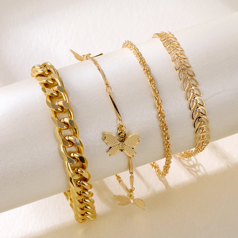 Fashion Multilayer Metal Butterfly Bracelet Set Statement Punk Female Geometric Chain Charm Trend Bangles Bracelet Jewelry Gift