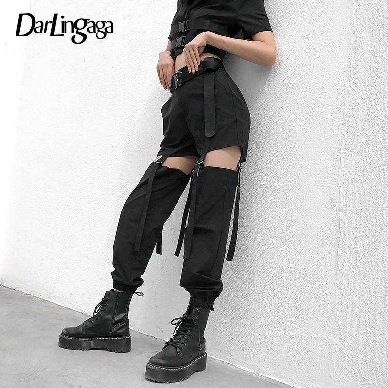 Darlingaga Hip Hop High Waist Cargo Pants Women Joggers Street Style Trousers Buckle Track Pants Adjustable Hollow Out Pantalon