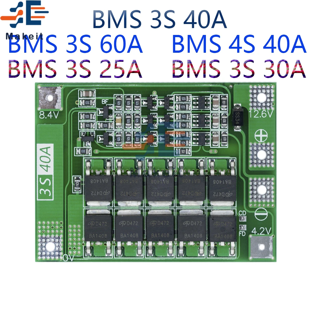 3S/4S 40A 60A Li-ion Lithium Battery Charger Protection Board 18650 BMS For Drill Motor 11.1V 12.6V/14.8V 16.8V Enhance Balance