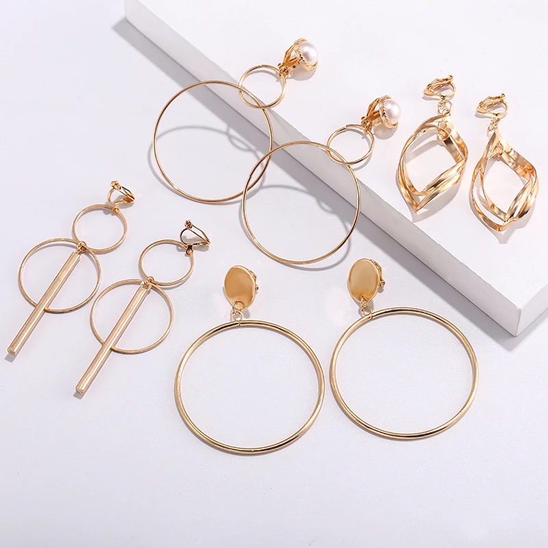 Simple Hollow Fashion Gold Color Clip on Earrings Geometric Big Round Ear Clips Without Piercing for Women Earrings Jewelry