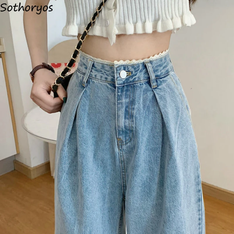 Women Jeans Vintage Female Wide Leg Trousers Lace Pleated Womens Clothes Casual Loose 2XL BF High Waist Fashion Korean Style New