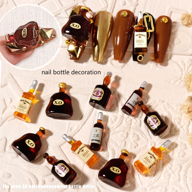 10-pcs new wine bottle jewelry Manicure nail decoration 3D mini stereo red wine bottle DIY Personality fashion nail accessories