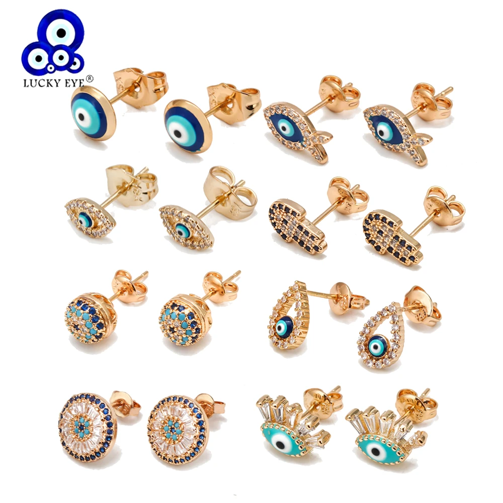 Lucky Eye Blue Zircon Evil Eye Fatima Hand Stud Earrings Gold Silver Color Small Earrings for Women Girls Fashion Jewelry BD423