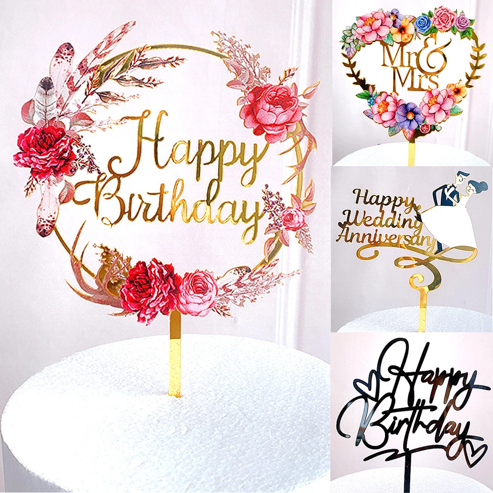 Flowers Cake Topper Happy Birthday Gold Silver Birthday Party Cake Insert Acrylic Cake Decoration Wedding Cakes Dessert Decor