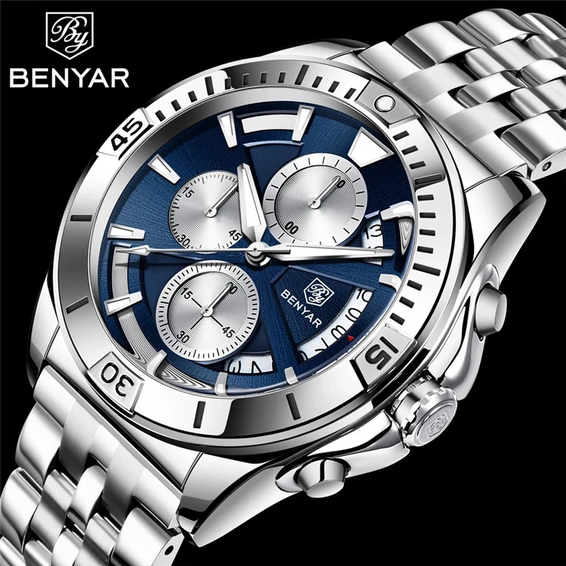 BENYAR 2021 New Men's Watch Top Luxury Brand Quartz Watches Men's Fashion Stainless Steel Strap Waterproof Luminous Wristwatches