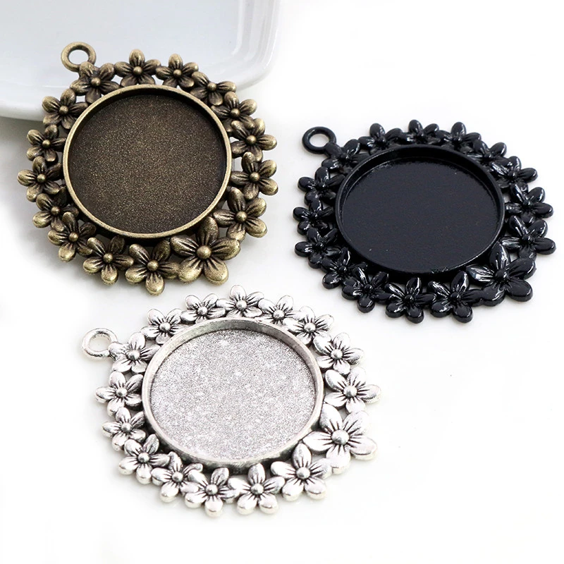 5pcs 25mm Inner Size Antique Silver Plated Bronze And Black Flowers Style Cabochon Base Setting Charms Pendant
