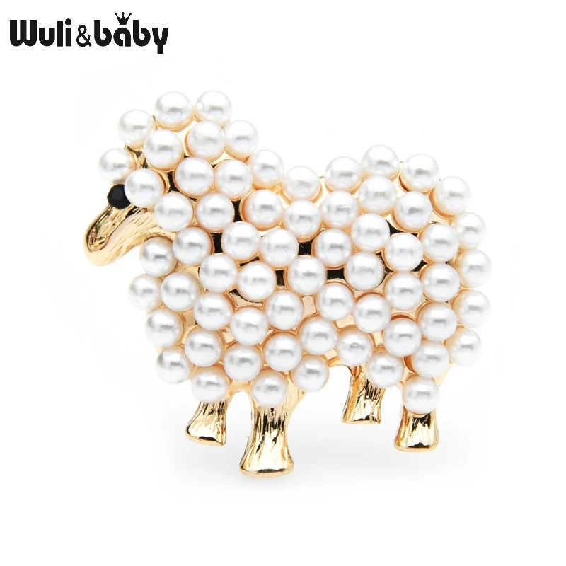 Wuli&baby Small Pearl Sheep Brooches Women White Black Animal Casual Party Brooch Pins Gifts