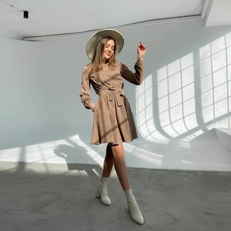 Women Vintage Sashes Corduroy A-line Mini Dress Long Sleeve O neck Khaki Color Elegant Casual Party Dress 2021 Winter New Dress