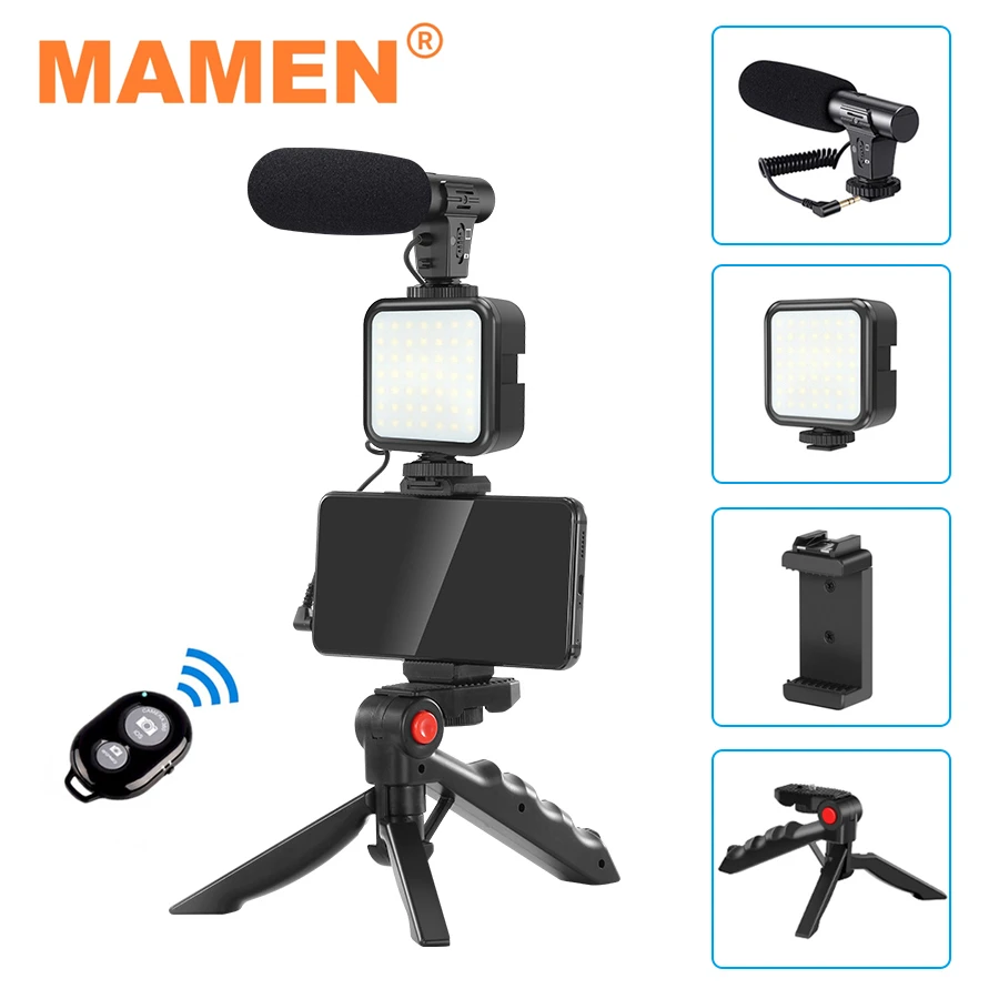 MAMEN Smartphone Vlogging Kit Video Recording Equipment with Tripod Fill Light Shutter for Camera Phone Youtube Set Vlogger KIT