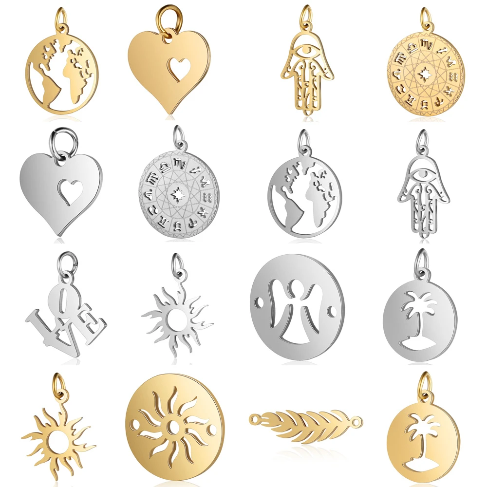 5pcs/lot Stainless Steel Golden World Map diy Jewelry Making Charm Wholesale Palm Sun Heart Necklace Pendant Bracelet Charms