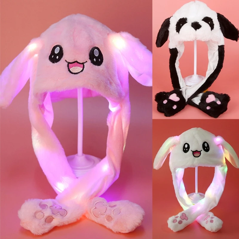 Adult Kids Light Up Plush Animal Hat with Moving Ears Cartoon Rabbit Bunny Panda LED Glowing Earflap Cap Stuffed Toys