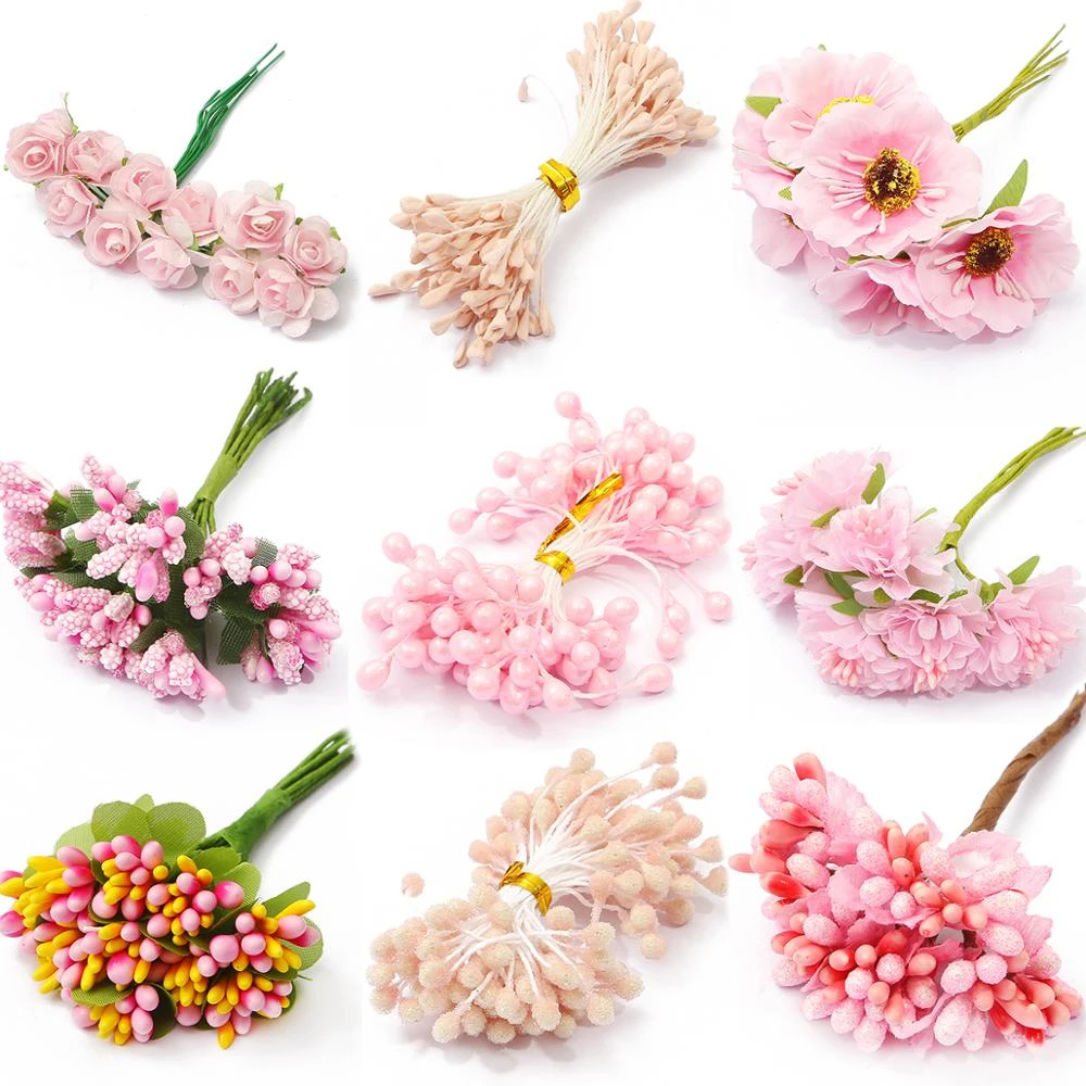 6/10/12/60/70/90/144pcs Pink Mixed Hybrid Flower Cherry Stamen Berries Bundle DIY Cake Christmas Wedding Gift Box Wreaths Decor