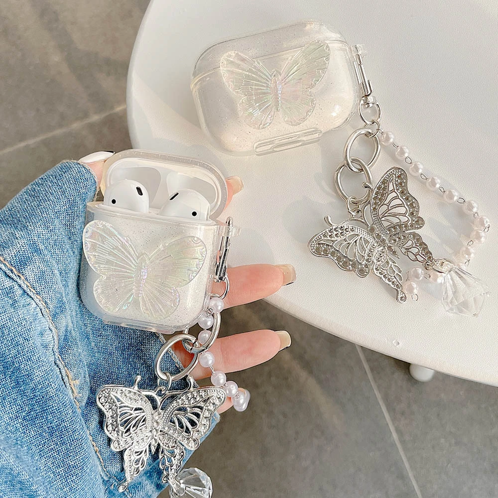 3D Cute Butterfly Funda for Airpods Pro Case Soft Clear Earphone Accessorie Cover for Air Pods 1 2 Case with Pendant Pearl Chain