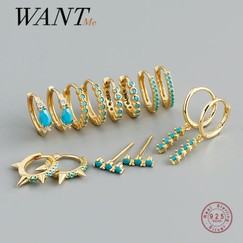 WANTME New Arrival Fashion Korean Blue Zircon Spike Geometric Stud Earrings for Women Real 925 Sterling Silver Gothic Jewelry