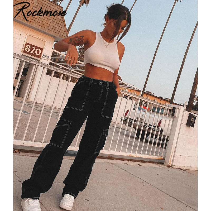 Rockmore High Waist Jeans Woman Wide Leg Denim Boyfriend Streetwear Clothing Cotton Fashion Harajuku Pocket Straight Cargo Pants