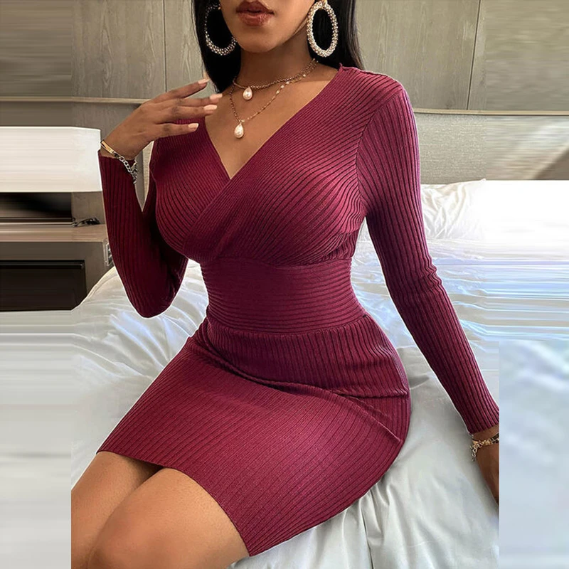 Women Elegant Slim Fit Bodyon Party Dress Spring Autumn Long Sleeve Solid Mini Dresses Sexy Wrap V Neck Ribbed Hip Package Dress